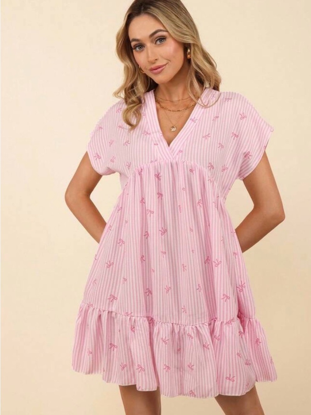 Pink Striped V-Neck Ruffle Hem Dress